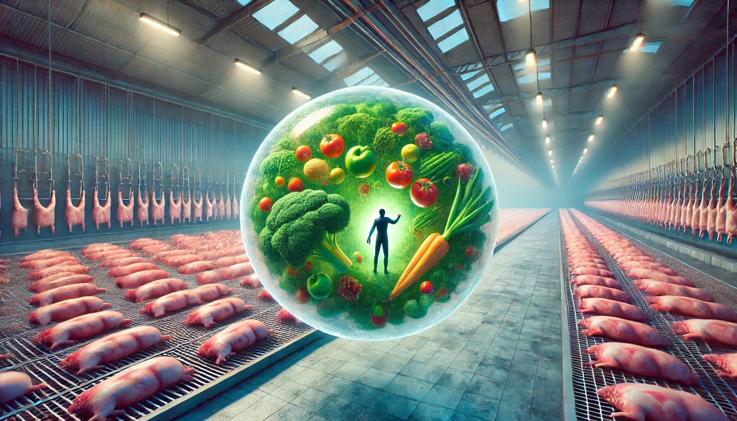 A vast slaughterhouse interior with a small, lush green bubble floating in the center. The bubble contains vibrant fruits and vegetables. Inside the bubble, a single human figure stands, reaching out towards the slaughterhouse. The scene is illuminated with soft, dream-like lighting.