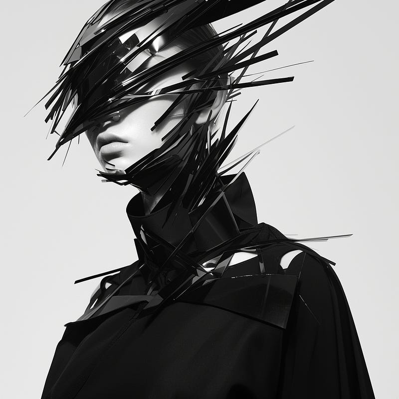 Female model wearing abstract black sculpture