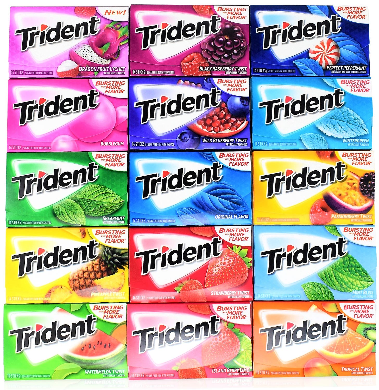 Amazon.com : Trident Sugar Free Chewing Gum Variety Pack of 15 (Assorted  Flavors) : Grocery & Gourmet Food