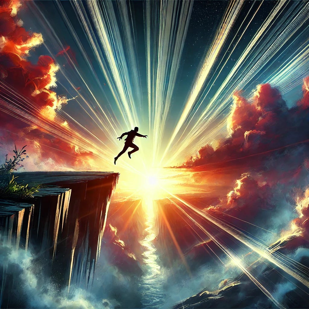 A powerful and visually striking image representing courage and risk-taking. The image should depict a person standing on the edge of a cliff, about to take a bold leap into the unknown, with dynamic energy and a sense of adventure. Rays of light break through the sky, symbolizing hope and possibility on the other side of the leap. The scene should evoke feelings of bravery, boldness, and the willingness to take risks. The colours should be bold and dramatic, with no words or numbers, just a visual representation of courage and daring action.