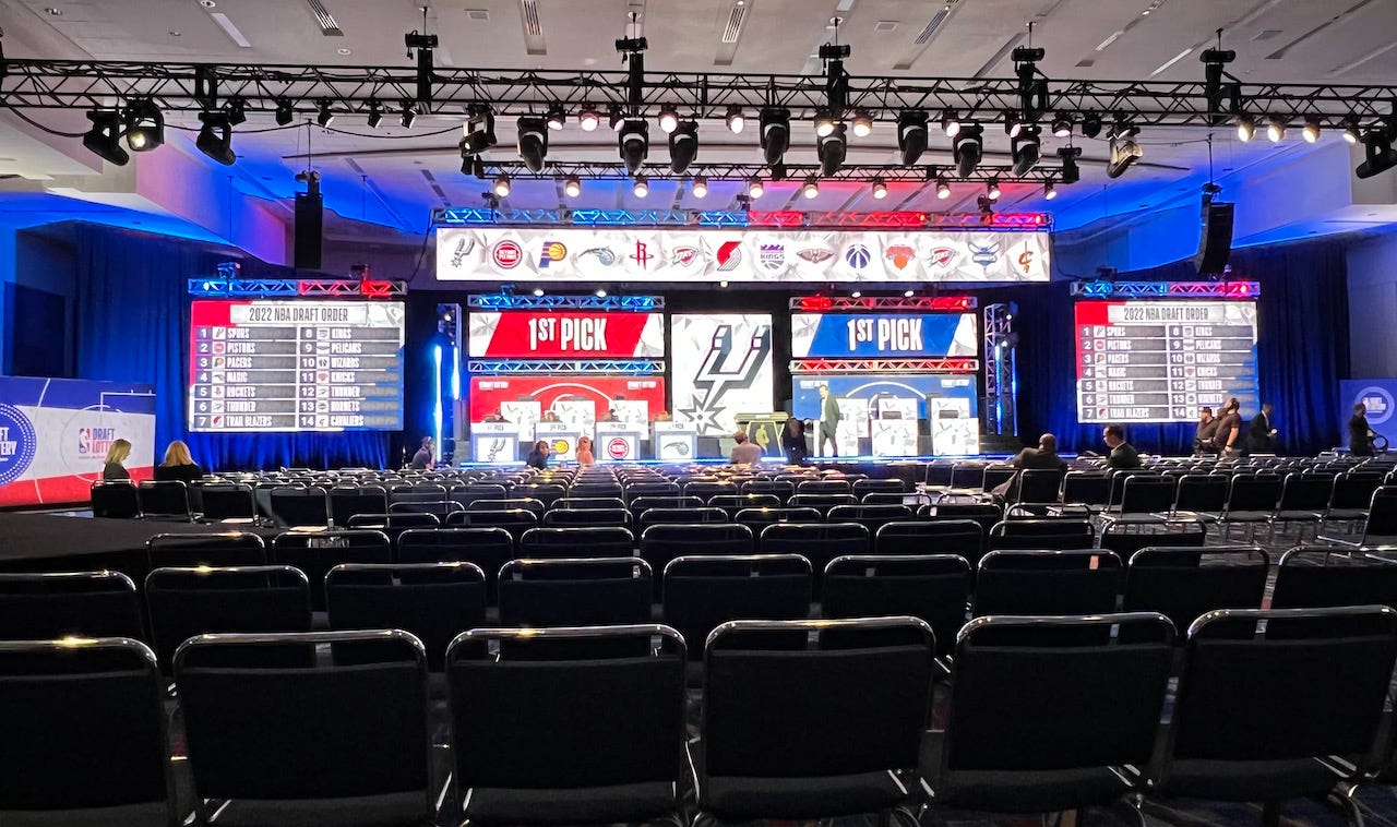 A stage is set and chairs laid out in a Chicago ballroom for the results of the draft lottery order in 2022.