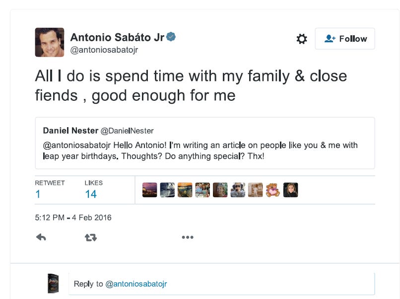 Tweet with quote from Antonio Sabàto Jr. to me on Twitter.