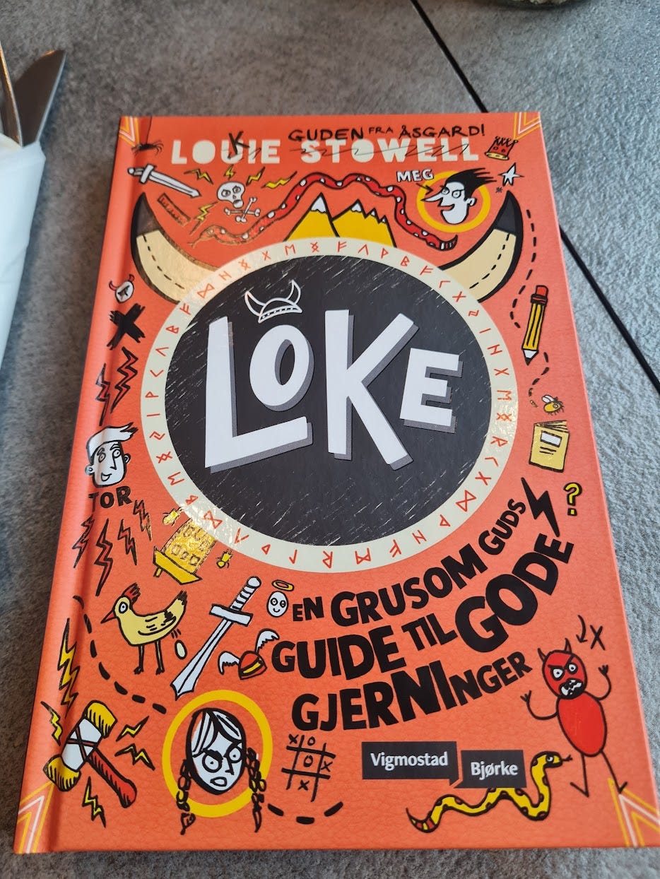 A photo of the Loki Norwegian edition for book one, "En Grusom Gus Guide til Gode Gjerniger" published by Vigmostad Bjorke