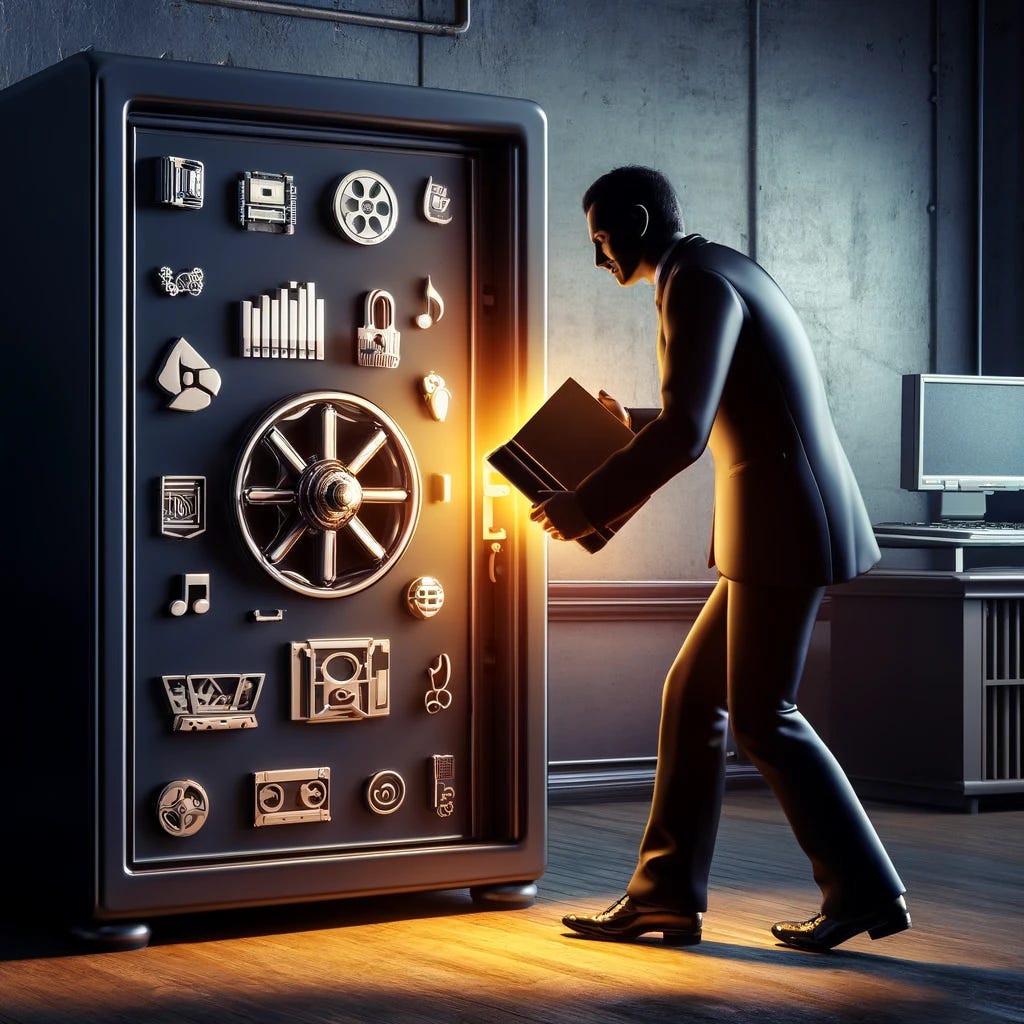 A metaphorical illustration of intellectual property theft. The scene depicts a shadowy figure, an adult male dressed in a sleek, dark suit, stealthily removing a glowing book from a large, secure safe. The safe is adorned with symbols of various types of media such as film reels, music notes, and software icons, representing different forms of intellectual property. The environment is dimly lit, emphasizing the secretive and illegal nature of the act. The image conveys a sense of urgency and wrongdoing associated with the theft of intellectual property.