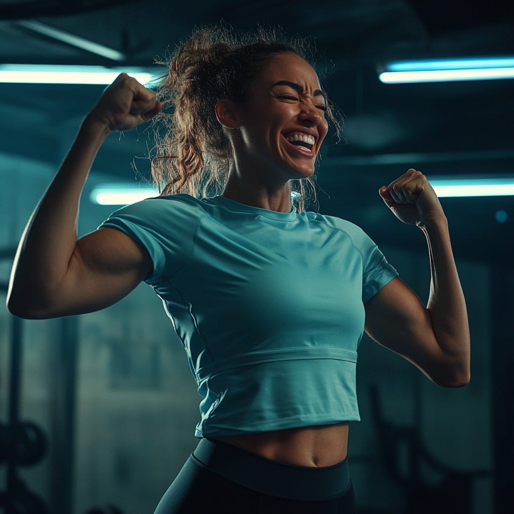 Fit, strong young woman flexing and laughing having a great time in a dark gym with light blue fluorescent lighting. 