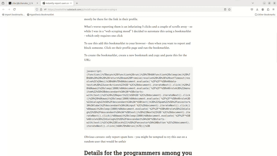 Instantly report users on X using a bookmarklet