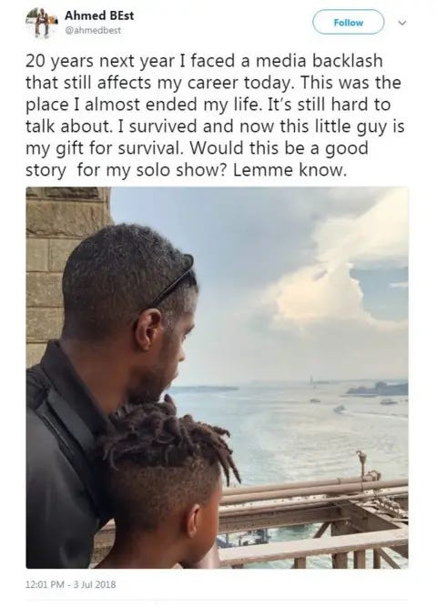 Twitter/ahmedbest A picture of Ahmed Best with his young son facing away from the camera, and a tweet reading: 