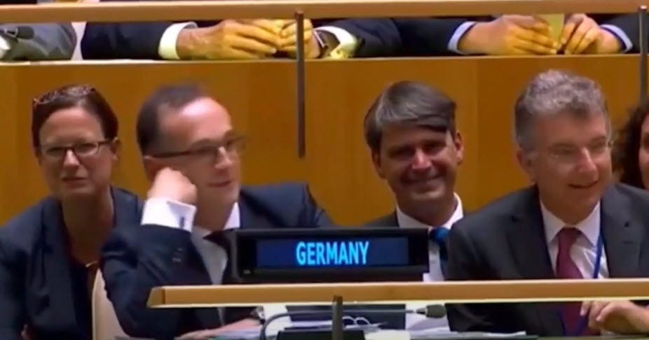 German delegates laughing after being warned about becoming depending on  Russia for oil (2018 UN) : r/agedlikemilk