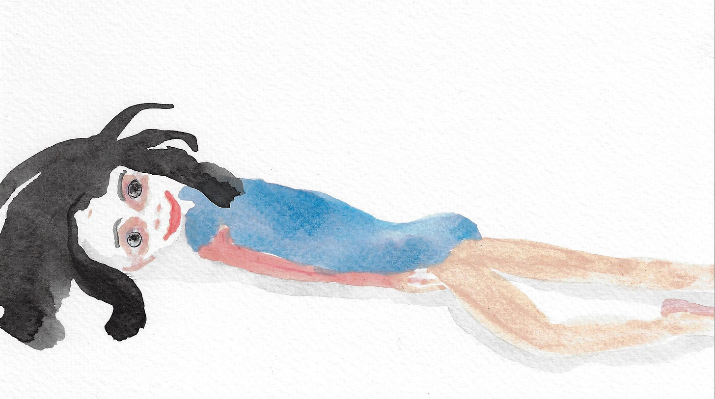 water color of girl lying on stomach smiling Kim's Little Women