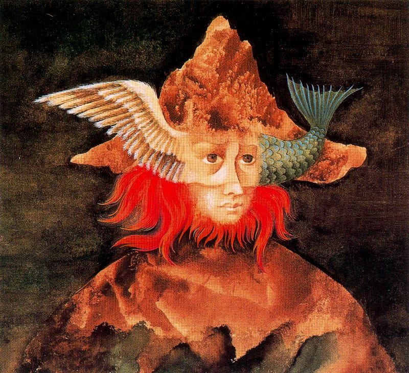 A surreal painting of a winged and finned face crowned with a red rock mountain and bright red hair hovers over the planet Earth. Space is dark sepia. The figure has a white face and brown eyes and gazes worried off to the side of the canvas