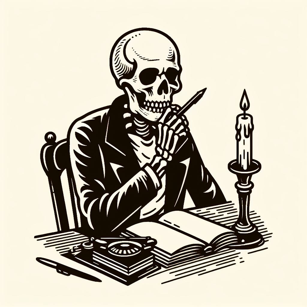 Create a logo for a Venture Capital firm called Dem Bones Ventures.  The logo should be simple and classic and feature a pensive skeleton, desk and candle in gothic style.