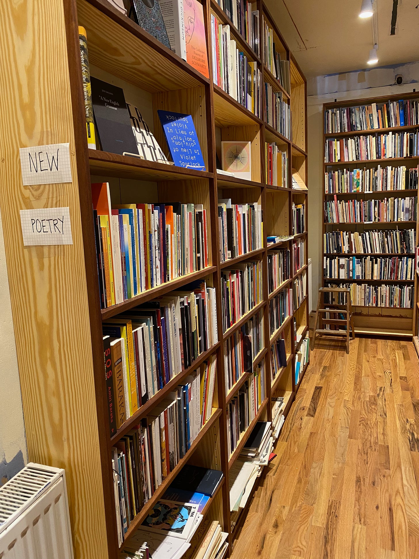 The tightly packed poetry shelves in Unnamable Books. 