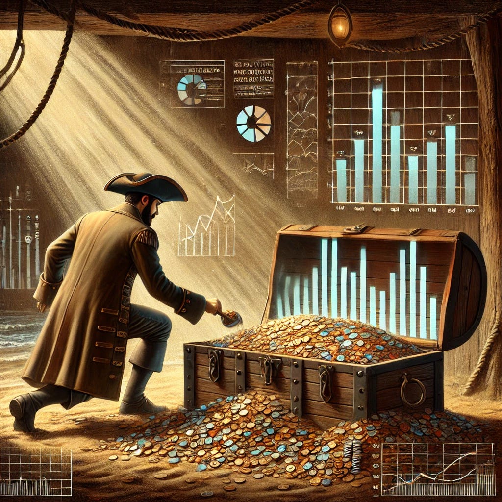 An OpenAI-generated image of a pirate scooping treasure. The picture contains bar charts and line graphs to represent data insights.