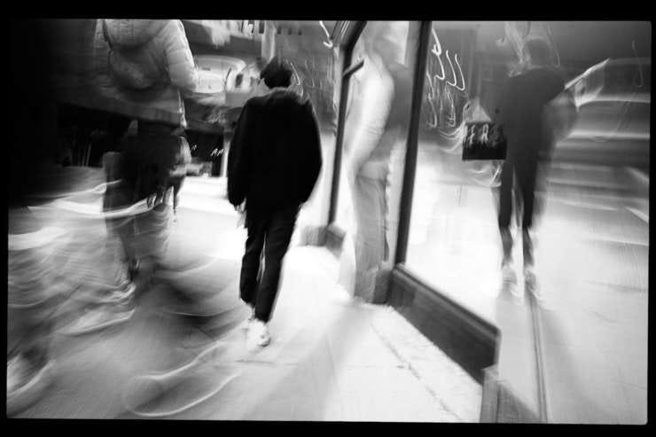 Walking Down Broadway, New York City, 2 January 2022. This photo is a recreation of an in camera multiple exposure. The X100V records the individual images and the composite multiple exposure.