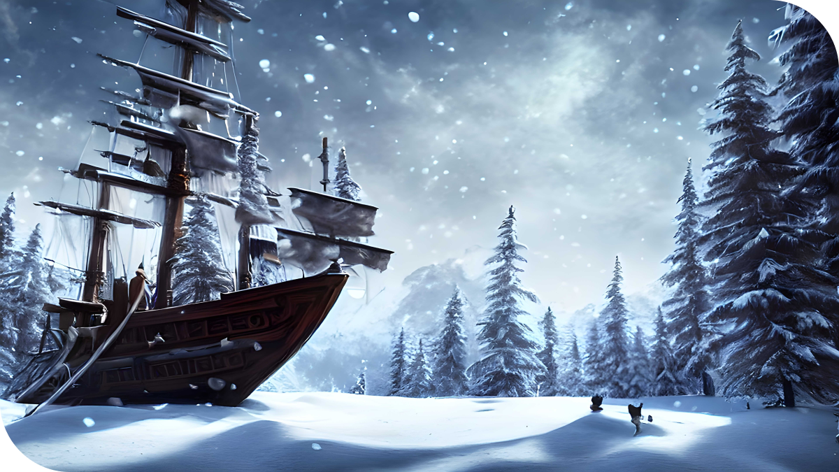 Ship in a snowy setting.