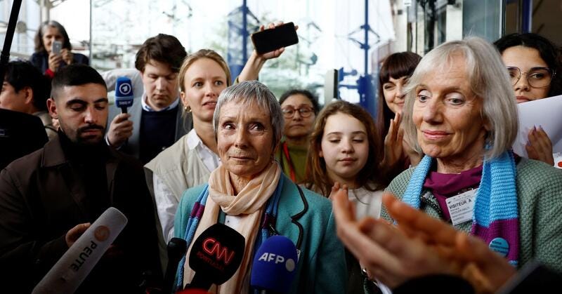 Members of Senior Women for Climate Protection react after the court verdict in Strasbourg, April 9, 2024. REUTERS/Christian Hartmann