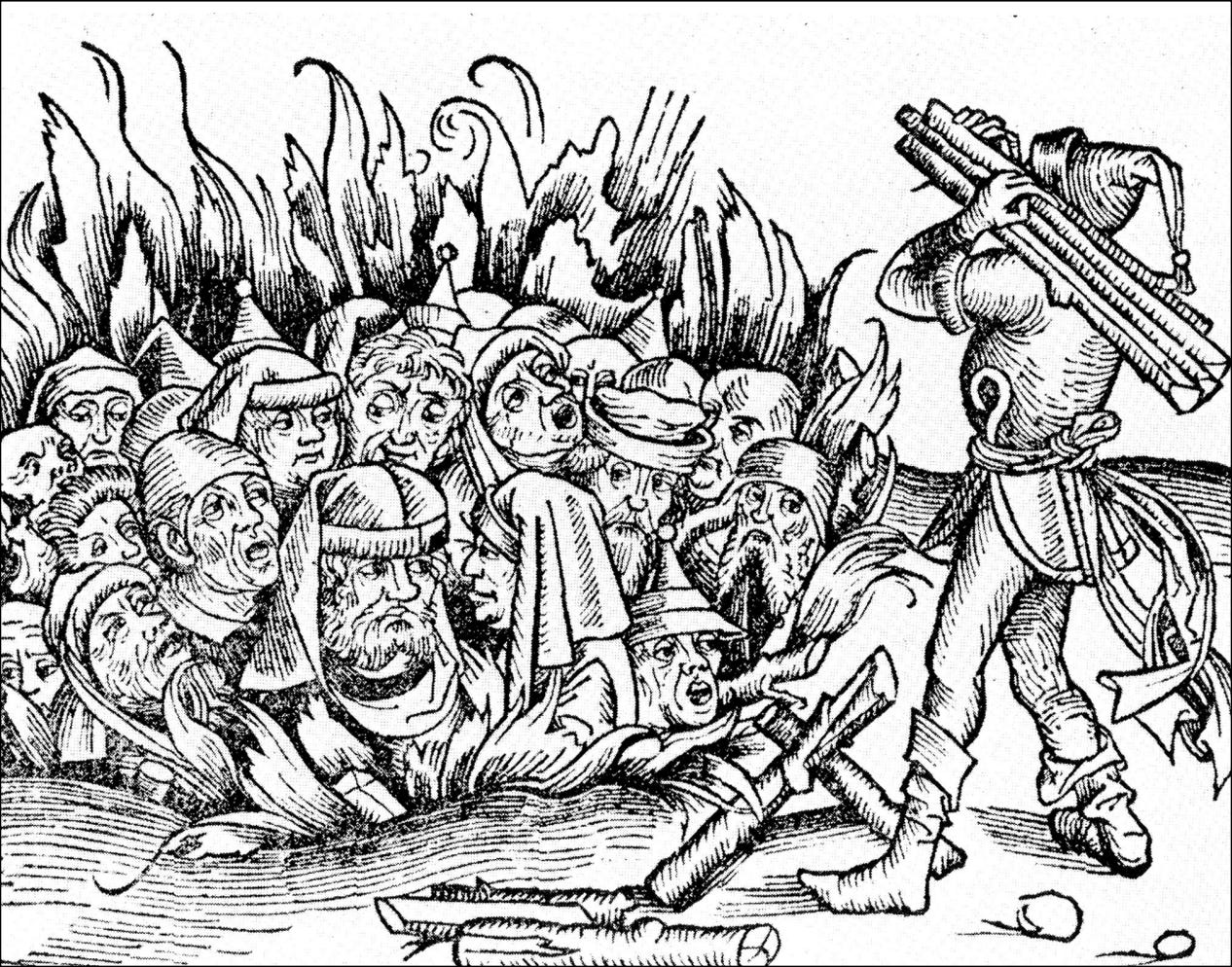 A B&W medieval illustration of the burning of Jews during the Black Plague