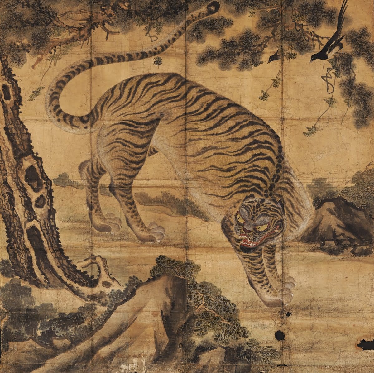 Aged silk painting of a Korean tiger