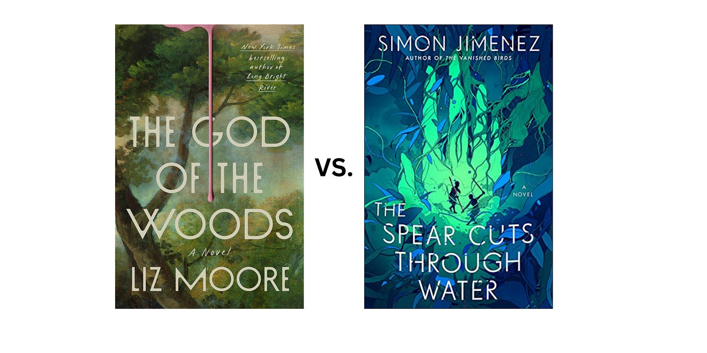 Book cover images for The God of the Woods by Liz Moore and The Spear Cuts Through Water by Simon Jimenez