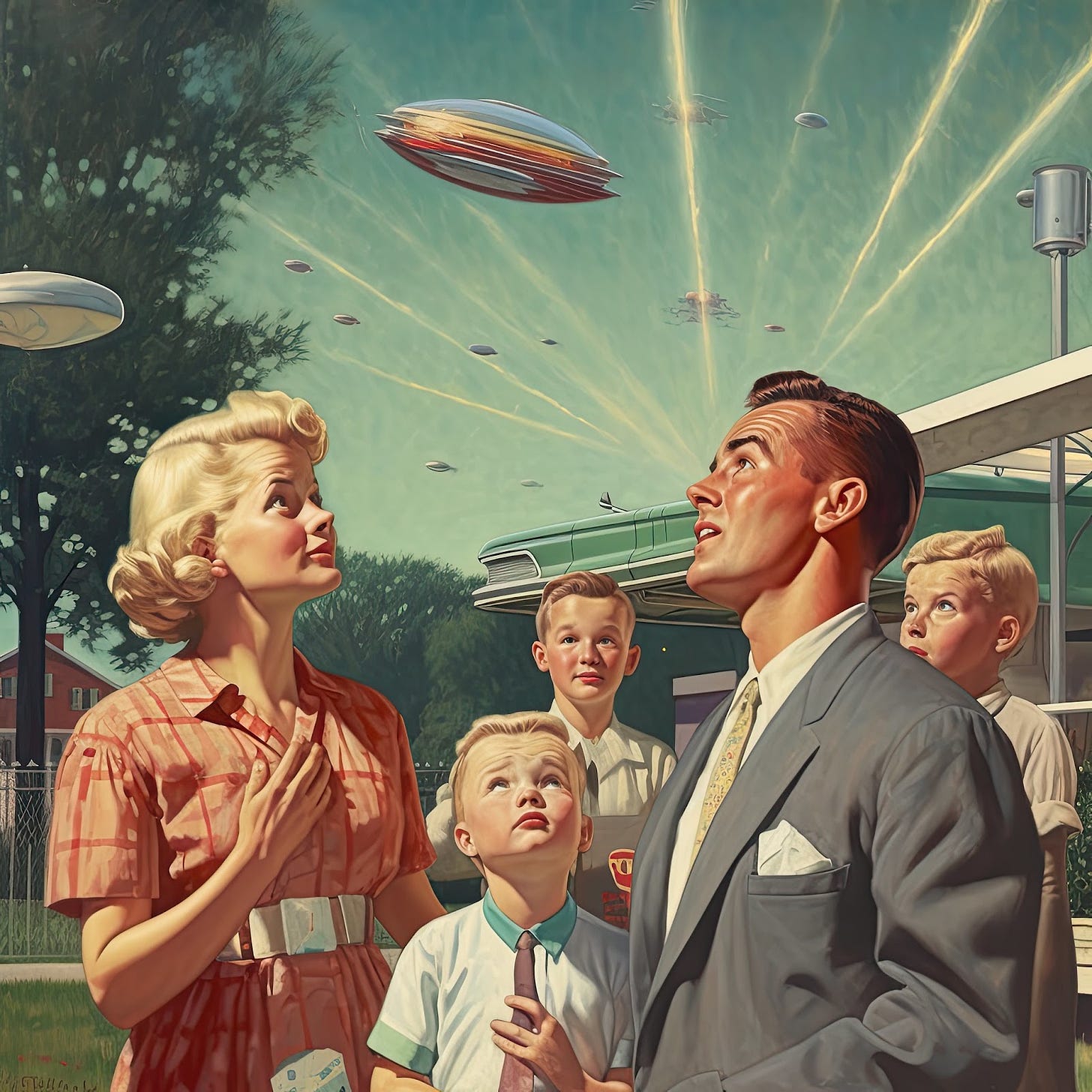 AI-generated image: 'The Day The Earth Stood Still' - a family watches as 1950s-style UFOs land in their garden.