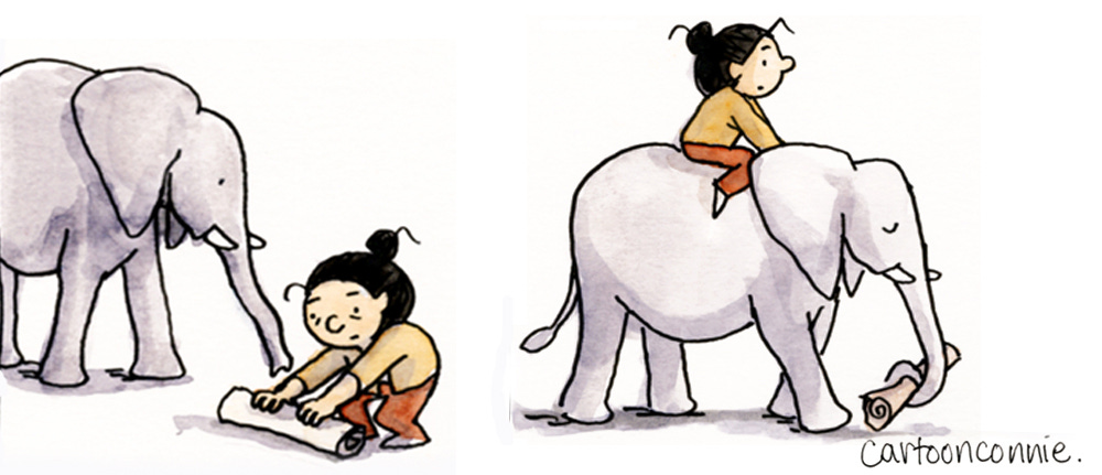Illustration of a cartoon girl with a bun rolling up a scroll and riding off the page with an elephant. Ink and watercolor on paper, by Connie Sun, cartoonconnie, 2025.