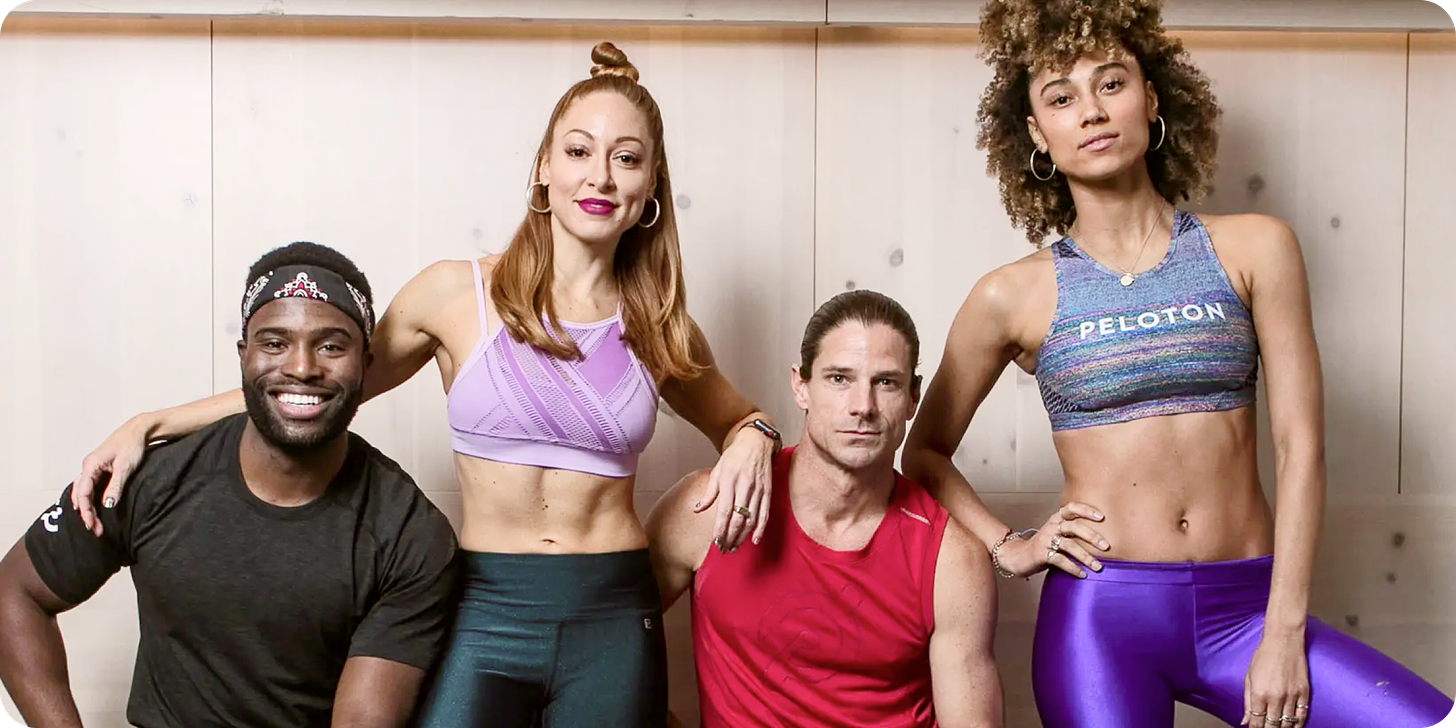 Four Peloton influencers side-by-side in workout gear.