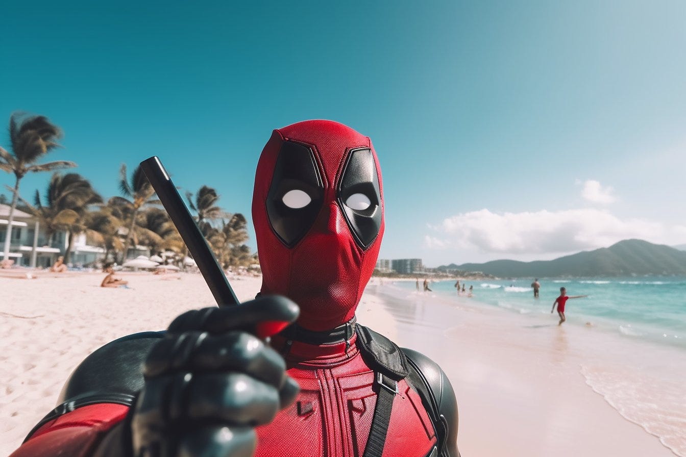 Deadpool taking a selfie at a tropical beach, canon, vlogger, --v 5 --q 2 --ar 3:2 