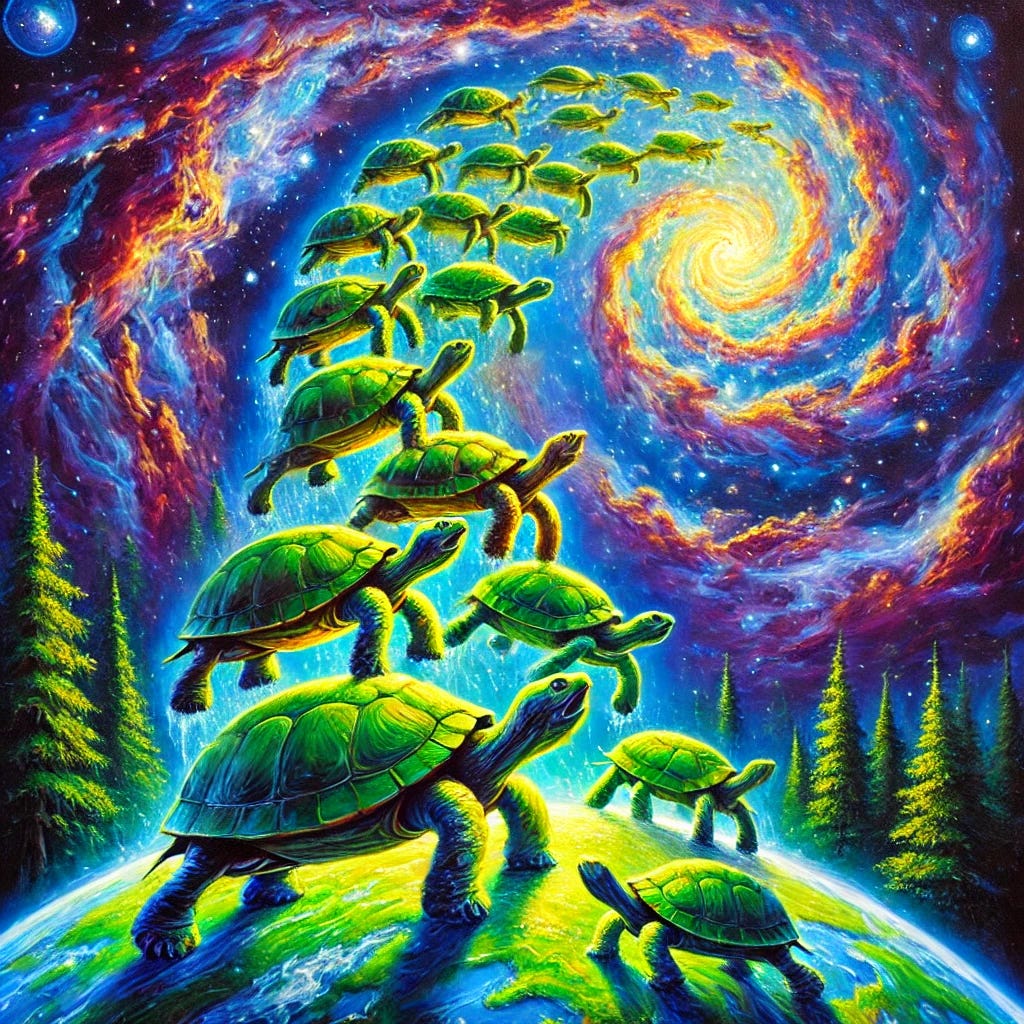 A vibrant impressionist oil painting of 'Turtles all the way down,' featuring a cascading stack of turtles, each painted with expressive brushstrokes. The bottom turtle stands on a glowing, earth-like sphere with forests and rivers, while the turtles above diminish in size, stretching upward into a dreamy cosmic background of stars, swirling galaxies, and nebulae. The painting uses bold, dynamic colors like deep blues, purples, greens, and golden highlights, capturing the infinite and mystical nature of the concept. The scene is surreal, blending natural and cosmic elements with impressionistic flair.