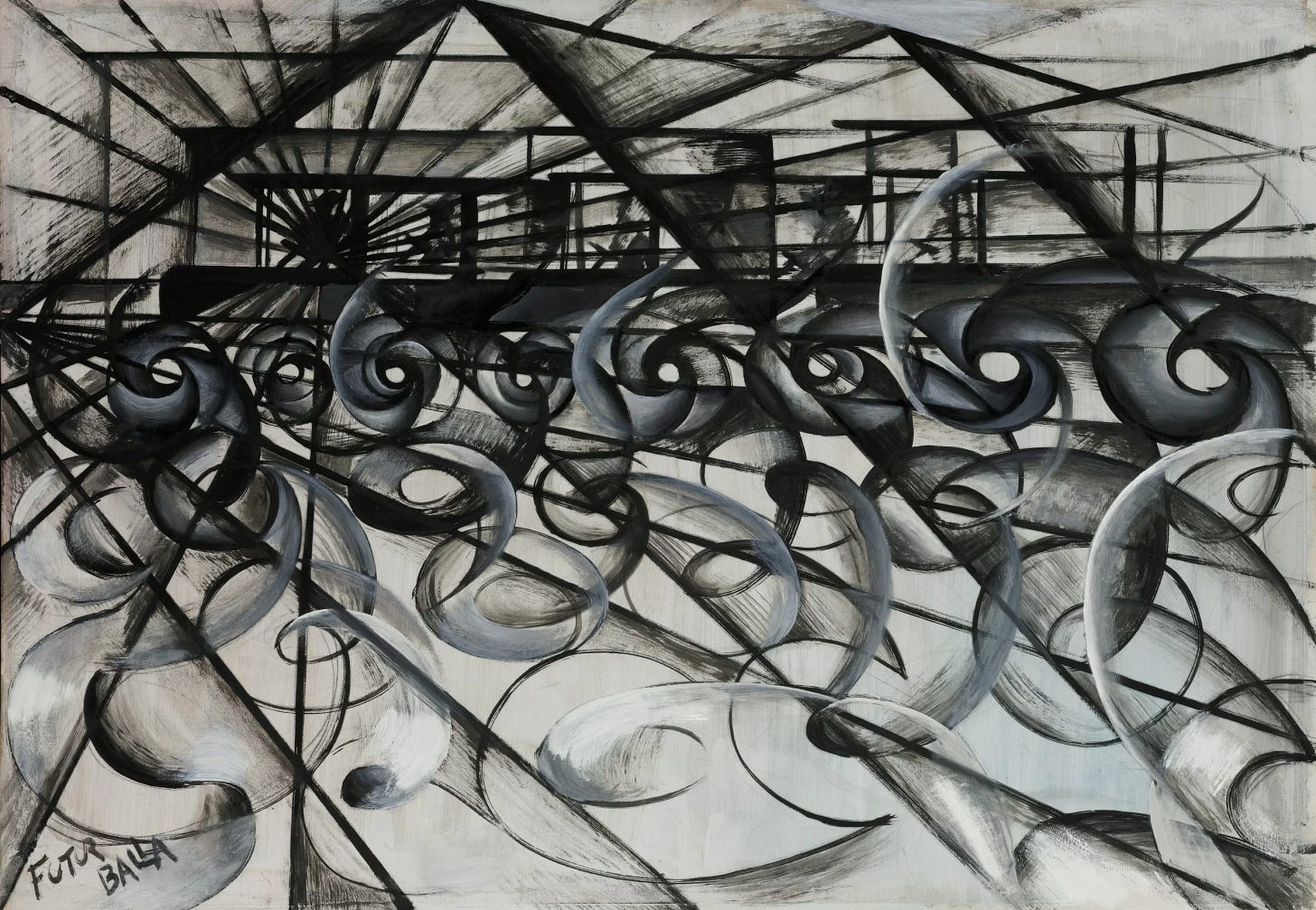 A bunch of swirly lines against a backdrop of straight lines in grey and white