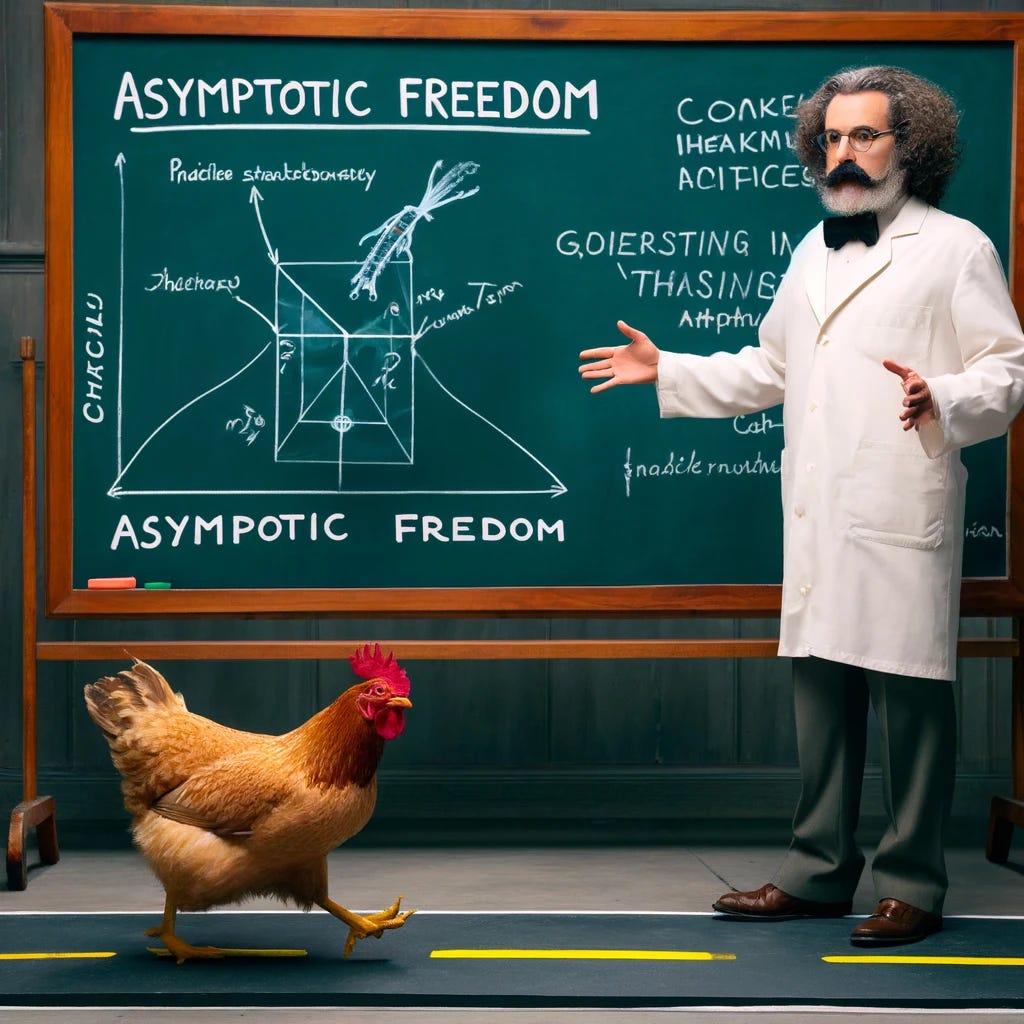 A creative and humorous scene featuring a male scientist resembling Frank Wilczek in an academic setting, standing next to a chalkboard. The chalkboard displays diagrams explaining the concept of 'asymptotic freedom' in particle physics, humorously applied to a chicken freely moving on a narrow road. The scientist, dressed in professorial attire, is animatedly explaining the concept, linking high-level physics to everyday phenomena in a playful and educational manner.