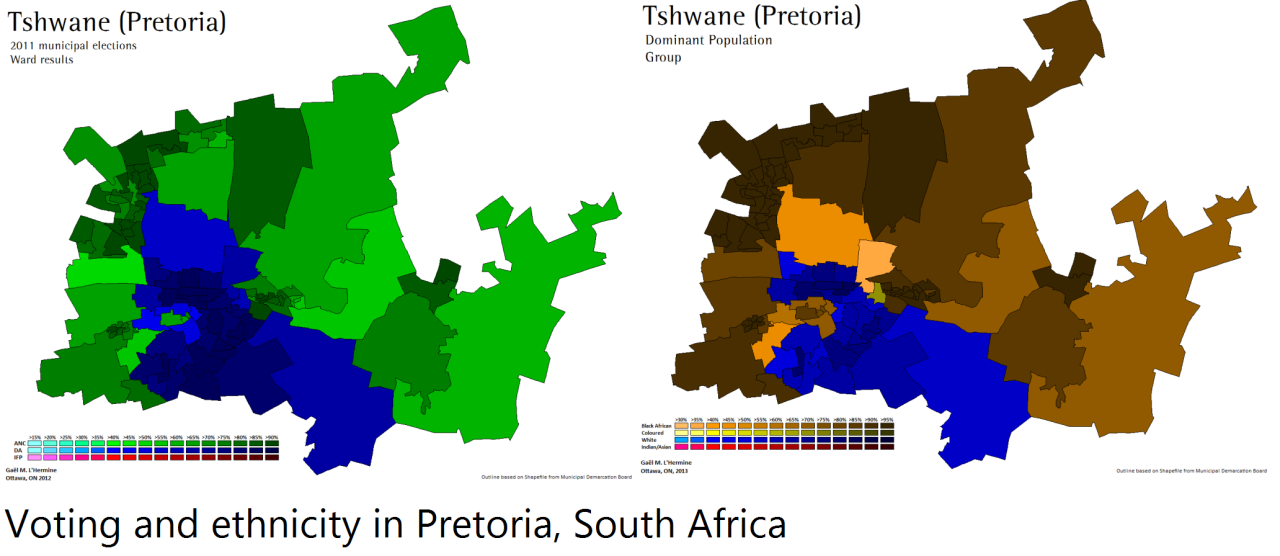 Voting and ethnicity in Pretoria, South Africa.
[[MORE]]by bezzleford:
“Voting in South Africa still very largely follows ethnic lines, with most Whites voting for the DA and most Blacks voting for the ruling ANC. Coloureds have shifted largely to...