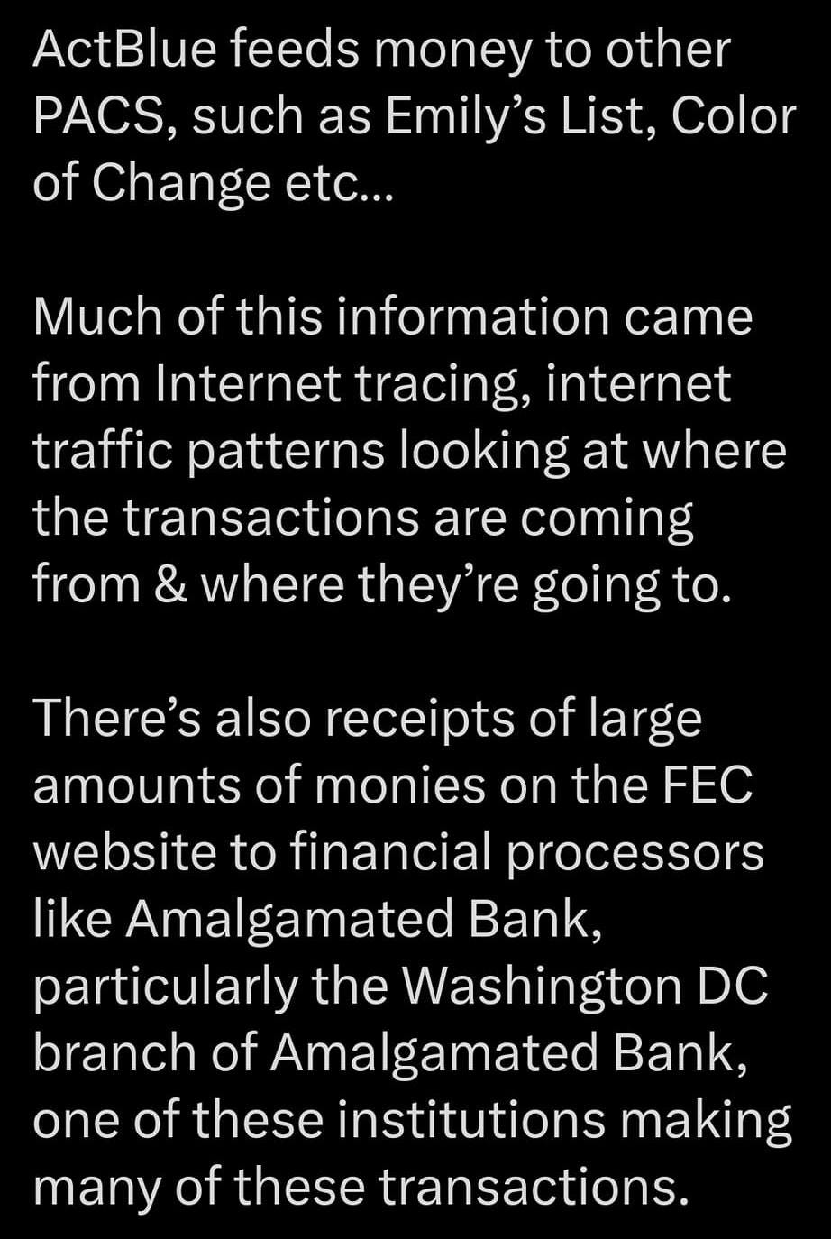 May be an image of text that says '10:33 5G. 39% Post from CHINA! ActBlue feeds money to other PACS, such as Emily' s List, Color of Change etc... Much of this information came from Internet tracing, internet traffic patterns looking at where the transactions are coming from & where they're going to. There's also receipts of large amounts of monies on the FEC website to financial processors like Amalgamated Bank, particularly the Washington DC branch of Amalgamated Bank, one of these institutions making many of these transactions. Post your ep'