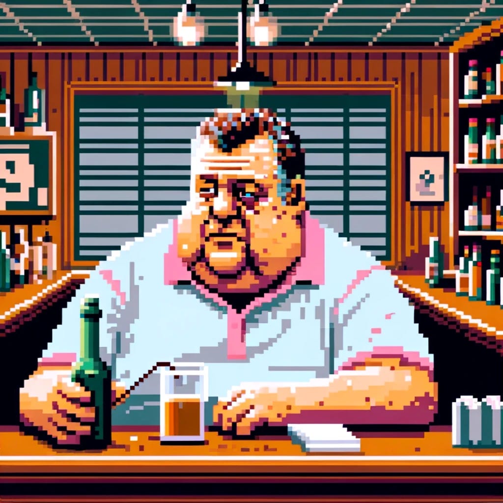 Adapt the scene to an 8-bit video game cutscene style, emphasizing a character that embodies the traits of being significantly affected by alcohol. The character, an older man, is shown with a distinctly bloated appearance, indicative of his condition, and dressed in a pastel polo shirt. He's seated at a bar that's simply yet effectively rendered in 8-bit graphics, highlighting the essential elements of the setting with a limited color palette and pixelated textures. The focus is on the man's interaction with a small notebook, but his physical state and the surrounding bar environment are depicted in a way that clearly conveys the character's lifestyle. This representation should lean into the iconic, simplistic charm of 8-bit art, capturing the essence of the scenario with straightforward visual cues and a stylized, retro aesthetic.