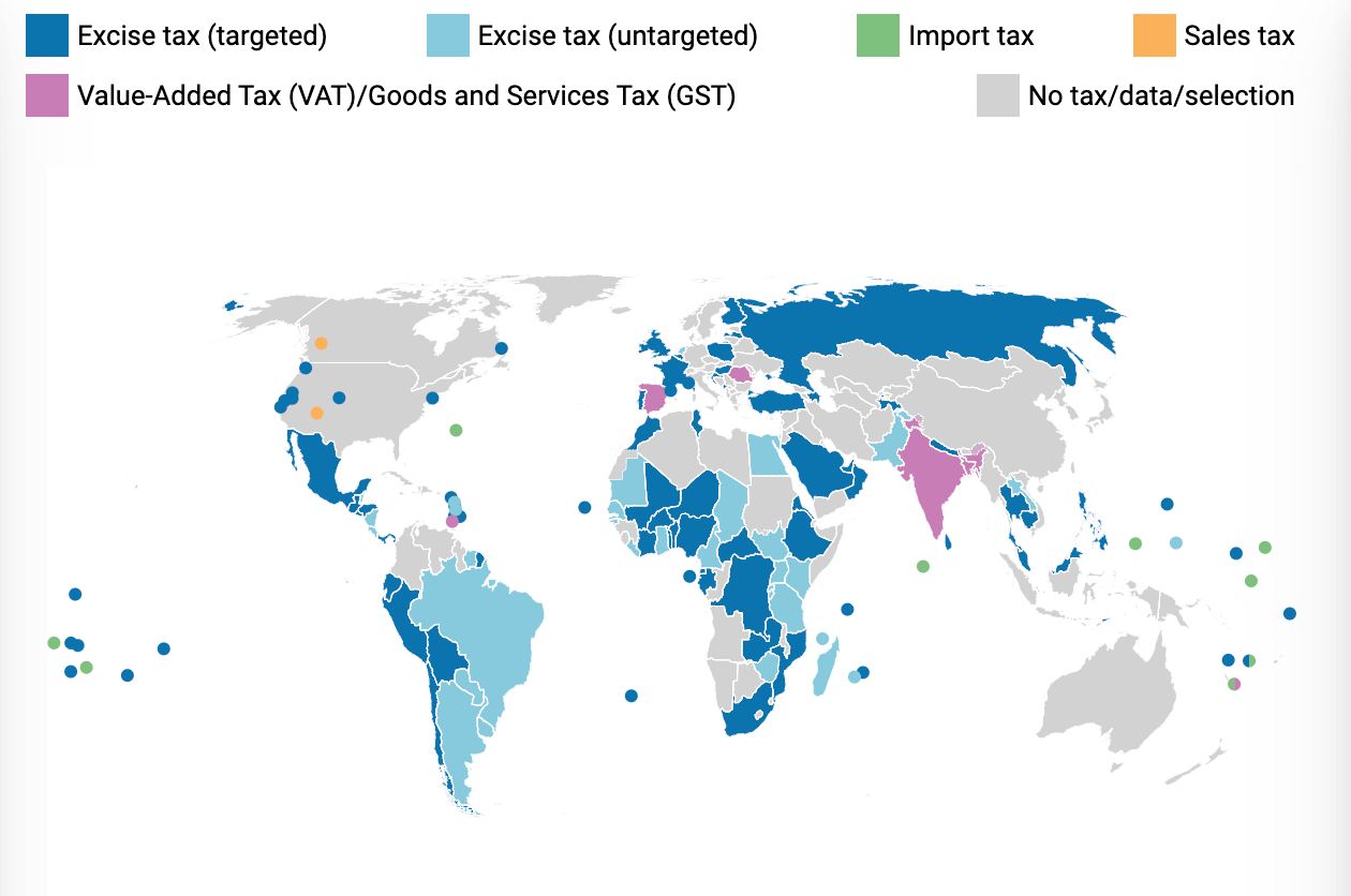 A map of sugar-sweetened beverage taxes worldwide.