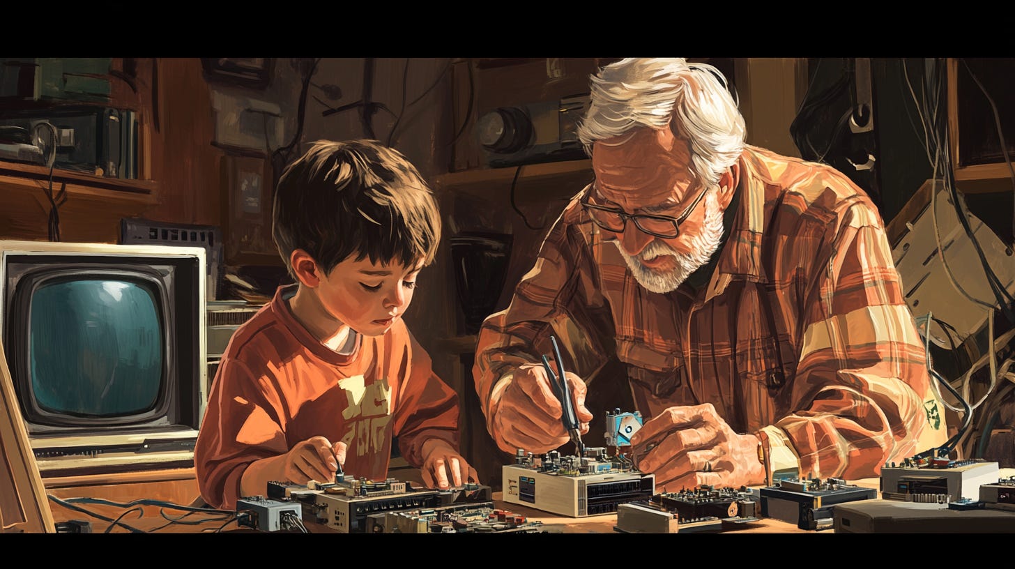 Grandfather and grandson work on tech components.