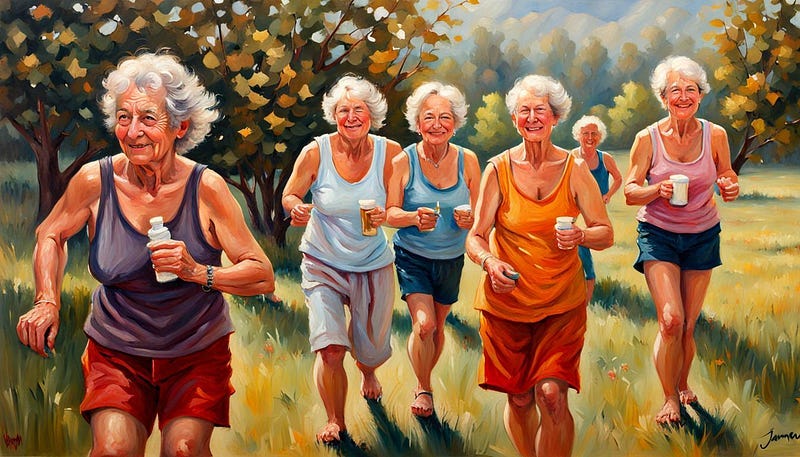 Six senior women running across field