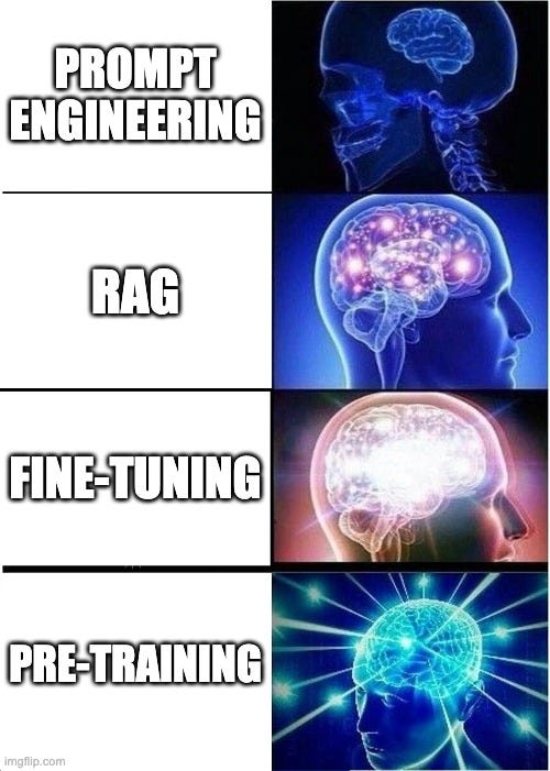 Expanding Brain Meme | PROMPT ENGINEERING; RAG; FINE-TUNING; PRE-TRAINING | image tagged in memes,expanding brain | made w/ Imgflip meme maker