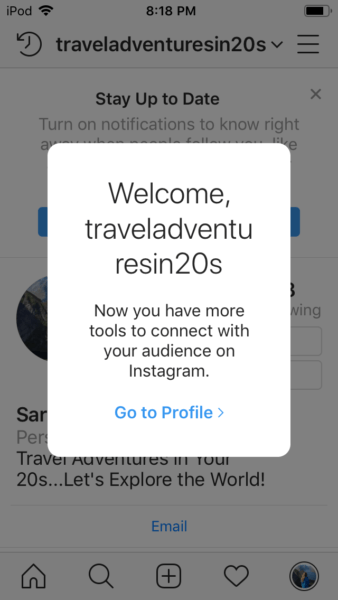 Instagram business tools welcome page when completed