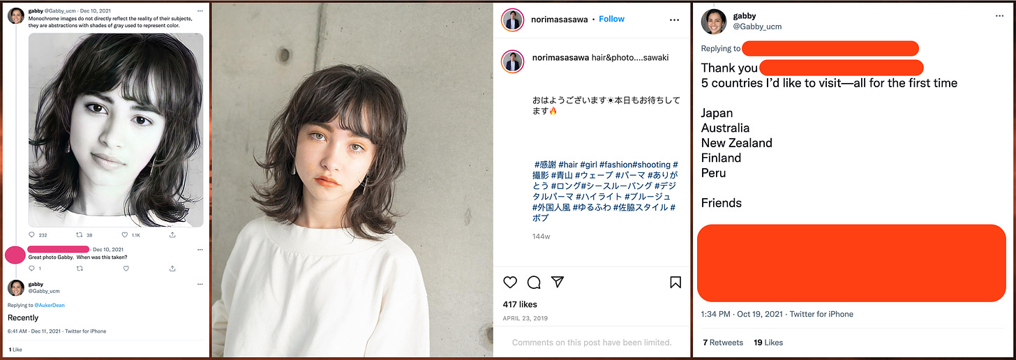post containing an alleged photo of "Gabby", reverse image search showing the photo is plagiarized from a Japanese hair salon and altered, and post from "Gabby" claiming to never have visited Japan