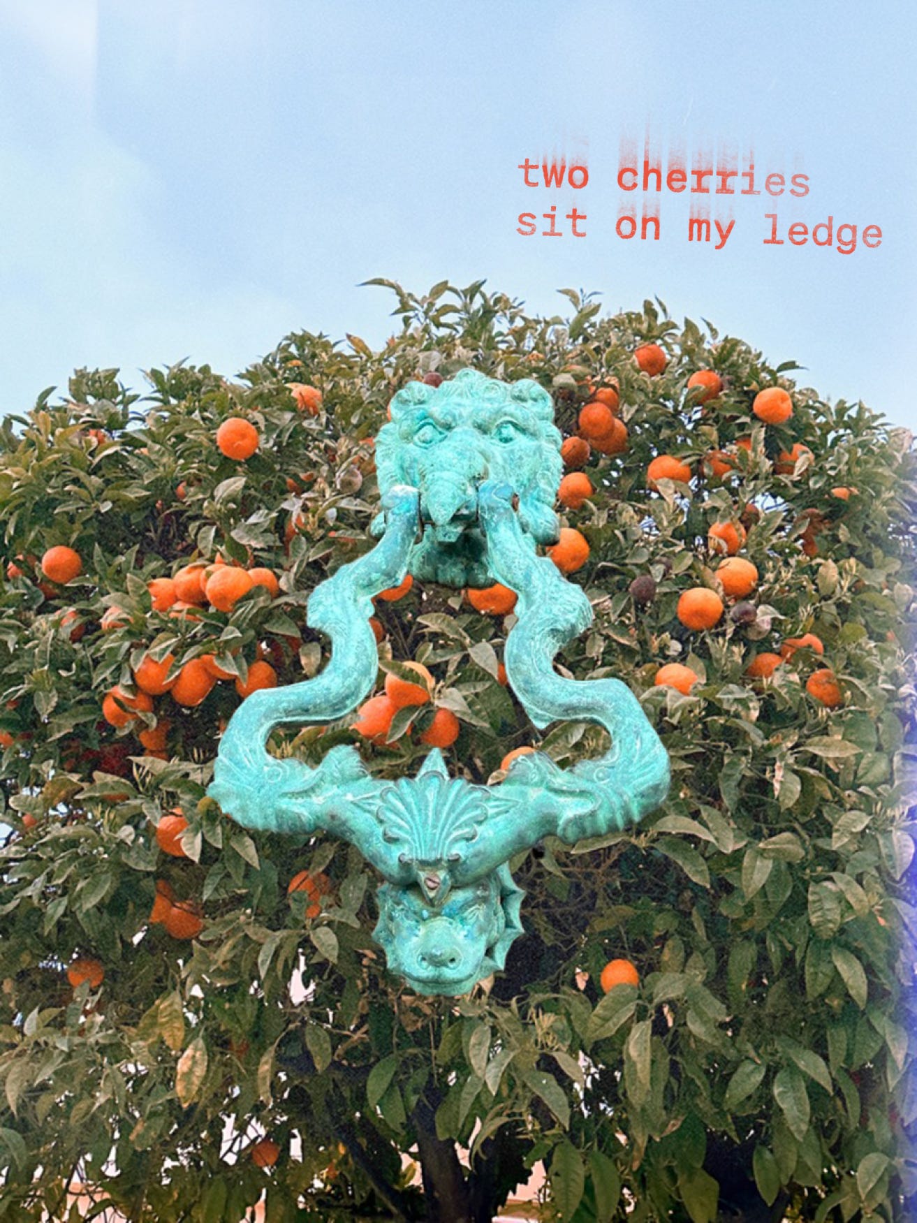 An orange tree with a teal door knocker and red text that reads: two cherries / sit on my ledge.