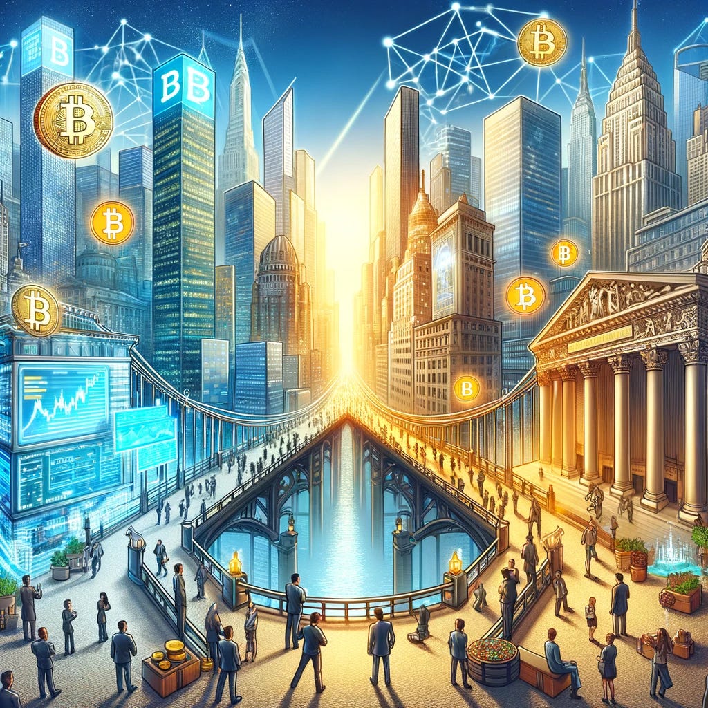 Visualize a symbolic bridge connecting the worlds of Bitcoin and traditional finance. On one side, depict a bustling, modern city skyline with futuristic elements, representing the world of digital currencies like Bitcoin. Include towering skyscrapers with glowing lights and digital screens displaying cryptocurrency symbols. On the other side, illustrate an older, more classical cityscape symbolizing traditional finance. This side should feature historic bank buildings, stock exchange facades, and busy streets with people in business attire. The bridge between these two cityscapes should be a grand, architecturally stunning structure, blending elements of both worlds, such as gold and digital motifs. The atmosphere should be vibrant, with a clear sky and the sun shining, symbolizing a hopeful and collaborative future between these two financial realms.