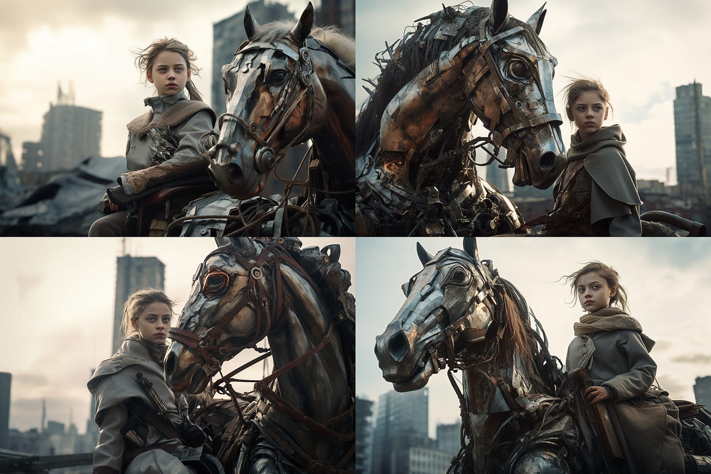 Four variations with High Variance for girl on a metal horse, dystopian city, sovietcore