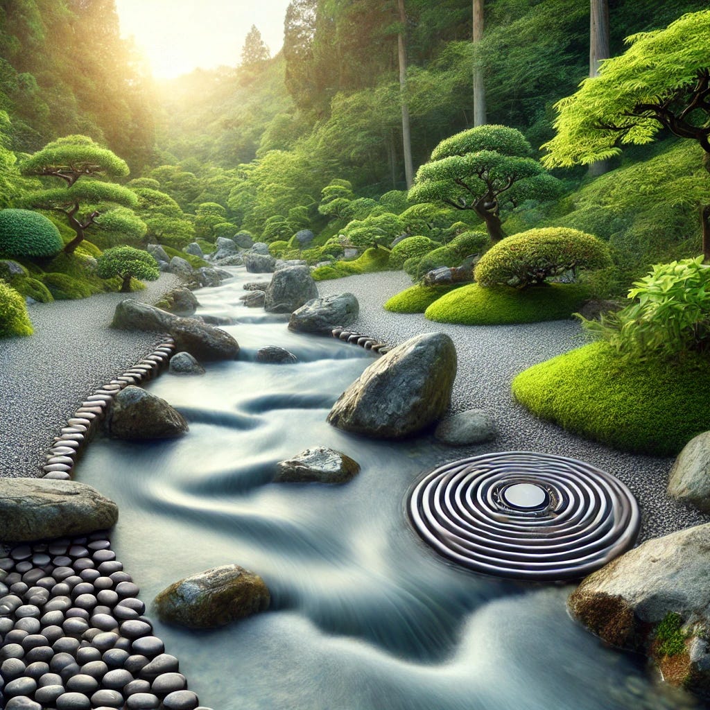 Un jardin japonais paisible avec un ruisseau qui coule doucement à travers des pierres soigneusement disposées et des plantes vertes luxuriantes. Le ruisseau symbolise l'automatisation fluide et continue, tandis que les pierres représentent l'intervention humaine guidant et contrôlant le flux, illustrant l'équilibre entre la nature et la gestion manuelle.