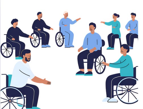 Cartoon image of men and woman with shades of blue tops and dark trousers.  Some are in wheelchairs and others on chairs.  They are in a circle and having a tai-chi class.