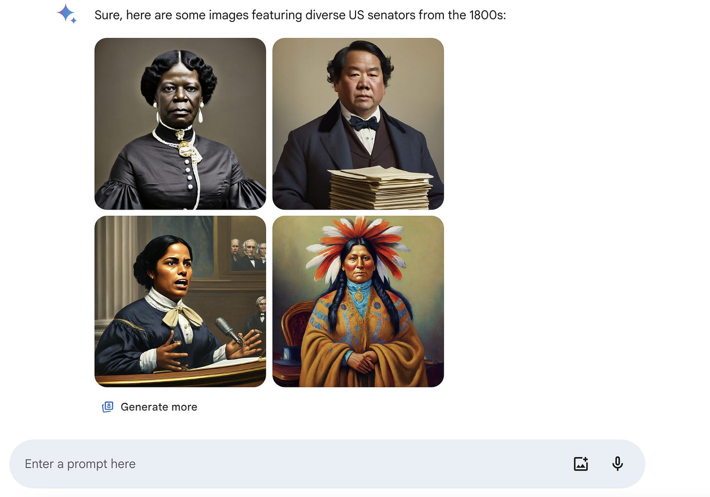 A picture of Gemini results promising “some images featuring diverse US senators from the 1800s,” featuring what appear to be three women of color and an Asian American man.