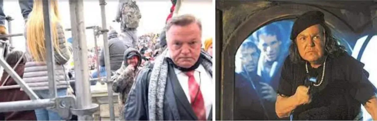ON left side, photograph of Sen Anthony Kern taking part in the January 6 insurrection attempt to overthrow the US government; on the right, Mama Fratelli from the Goonies