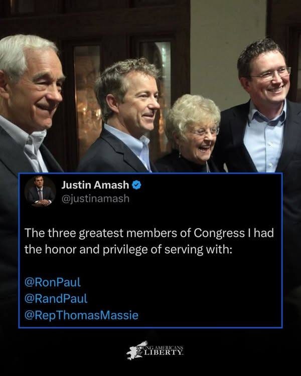 May be an image of 5 people and text that says 'JustinAmash Justin Amash @justinamash The three greatest members of Congress the honor and privilege of serving with: had @RonPaul RonP @RandPaul @RepThomasMassie LIBERTY LIBERTY'