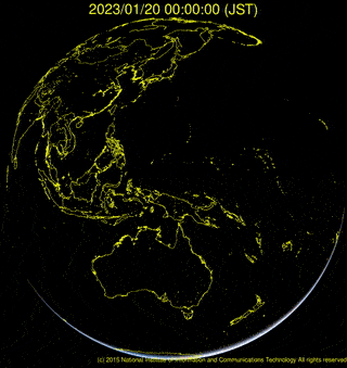 View of earth from space, in a static position. The earth is not rotating, and Australia is plainly visible at the bottom. Night and day sweep over the globe from right to left. In daytime, everything's lit up and the clouds are swirling around. At night all you can see is the computer generated outline of where the countries are.