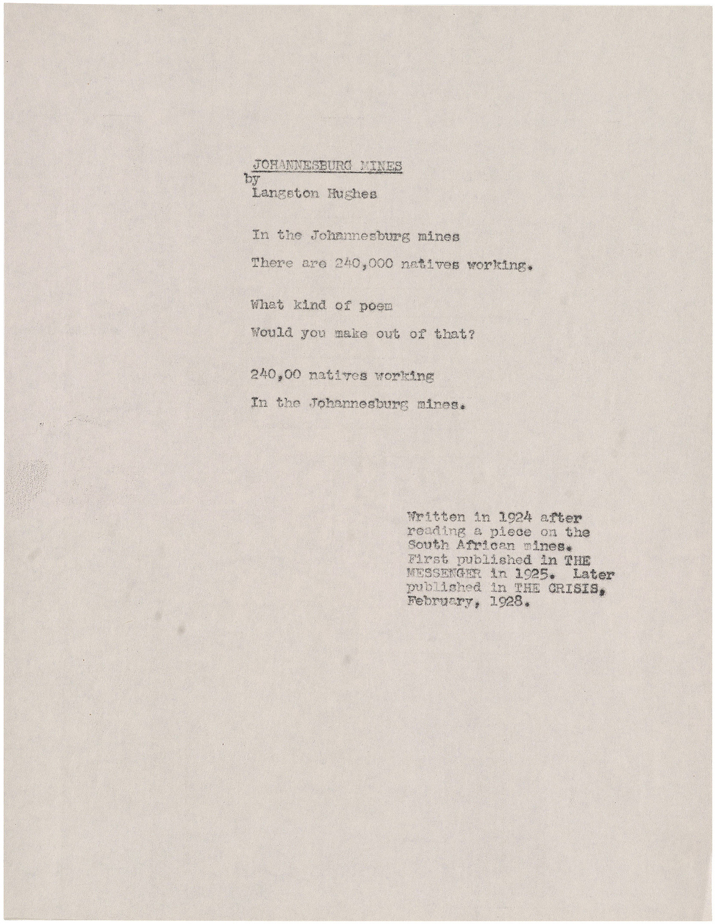 Langston Hughes, Johannesburg Mines, (drafts, typescript and carbon, corrected), 1924 [Langston Hughes papers, JWJ MSS 26, Poems, Single Poems, Box 379, folder 6540, Yale University Library, Beinecke Rare Book and Manuscript Library, New Haven, CT]