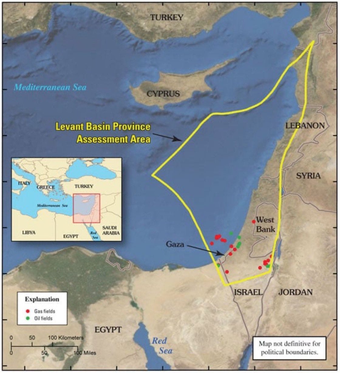 Map showing the Levant Basin Province and Gaza Marine natural gas and oil fields in the Mediterranean Sea.
